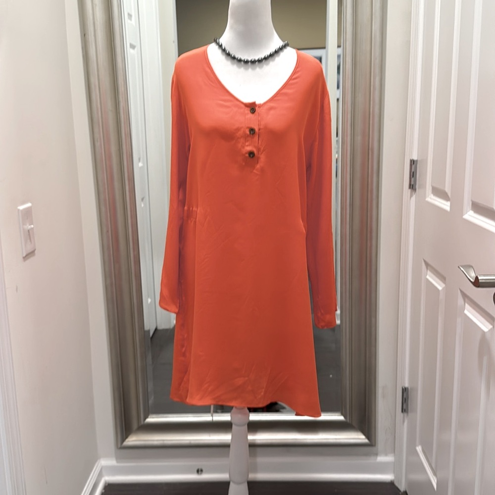 Line & Lotte Orange Silk  Dress long sleeves with tabs size M